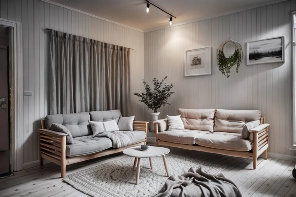 After: the same room with white board walls and grey sofas on pale wood frames