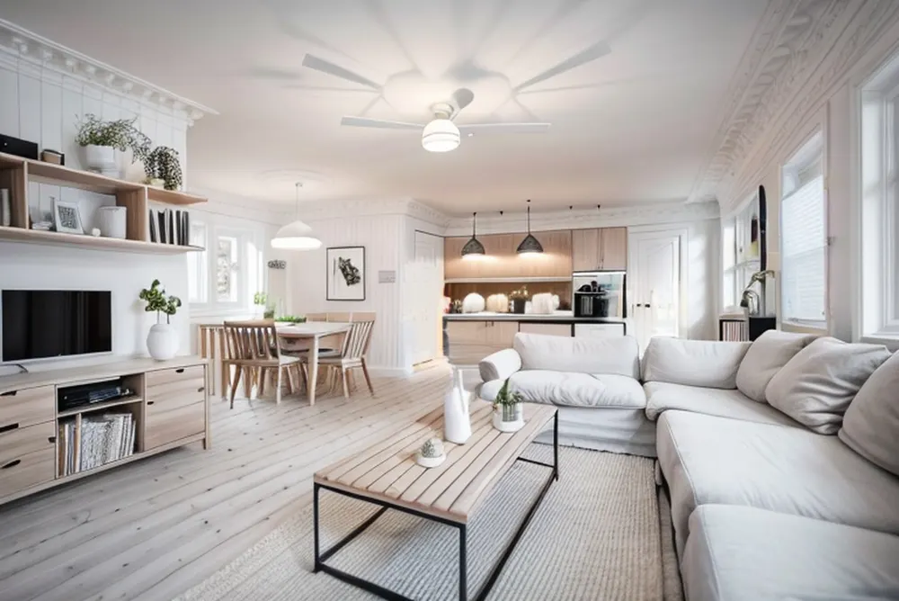 After: the same room with a whitewashed floor, white built-ins, a light wood coffee table and pale sofas