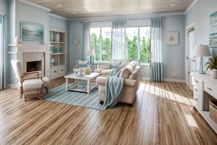 The test living room in coastal beach style: pale blue walls, white built-in shelves, a linen sofa and a blue striped rug