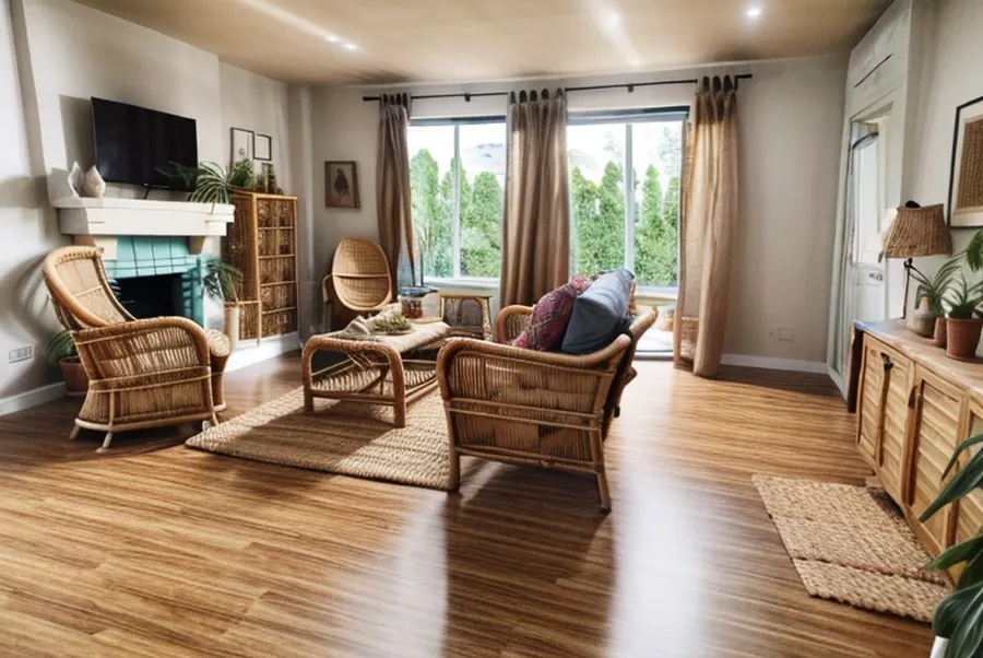 The test living room in boho style: rattan armchairs, a wicker coffee table, a jute rug, plants and patterned cushions