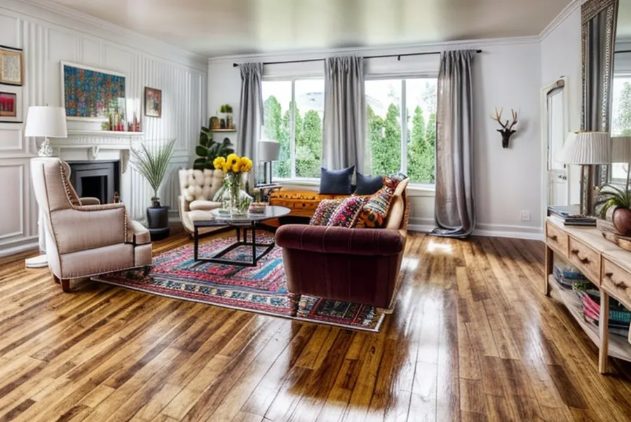 The test living room in eclectic style: a colourful patterned rug, a mustard sofa, a burgundy armchair, colourful art and plants