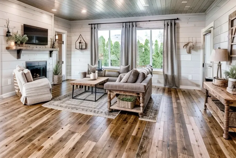 The test living room in farmhouse style: white shiplap walls, a wood beam mantel, a distressed plank floor and a rustic wood coffee table