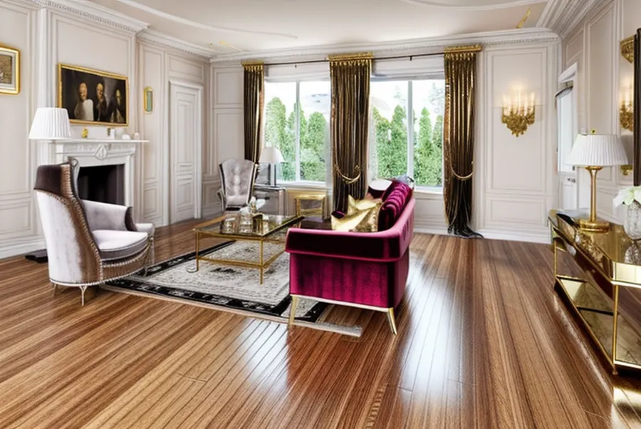 The test living room in Hollywood Regency style: a magenta velvet sofa, a gold and glass coffee table, gold wall lights and dark gold curtains