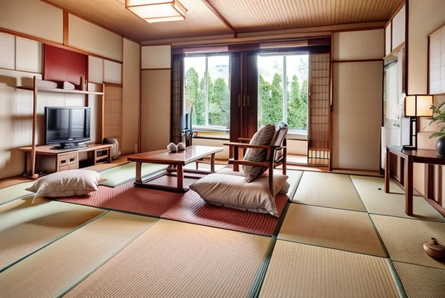 The test living room in Japanese style: tatami mat floor, shoji-style sliding panels, a wood ceiling with a paper lamp, a low table and floor cushions