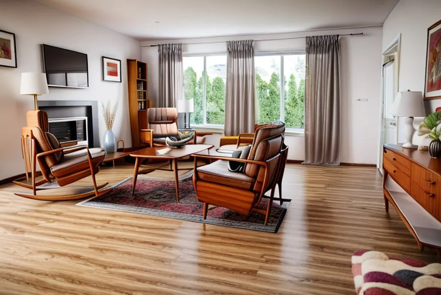 The test living room in mid-century modern style: teak lounge chairs, a wooden rocking chair, a low sideboard and a red patterned rug