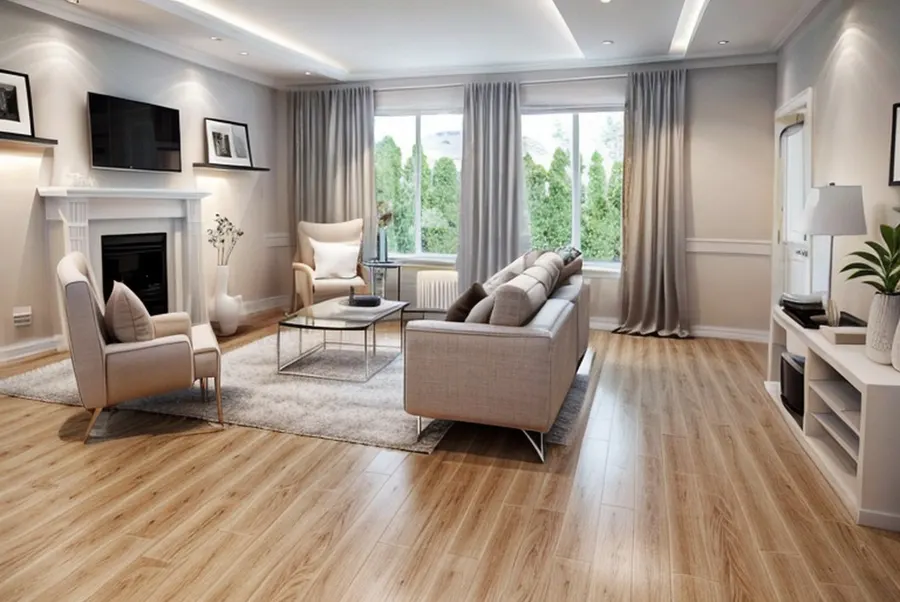 The test living room in minimalist style: pale grey walls, a beige sofa and armchair, a glass coffee table and a plain grey rug