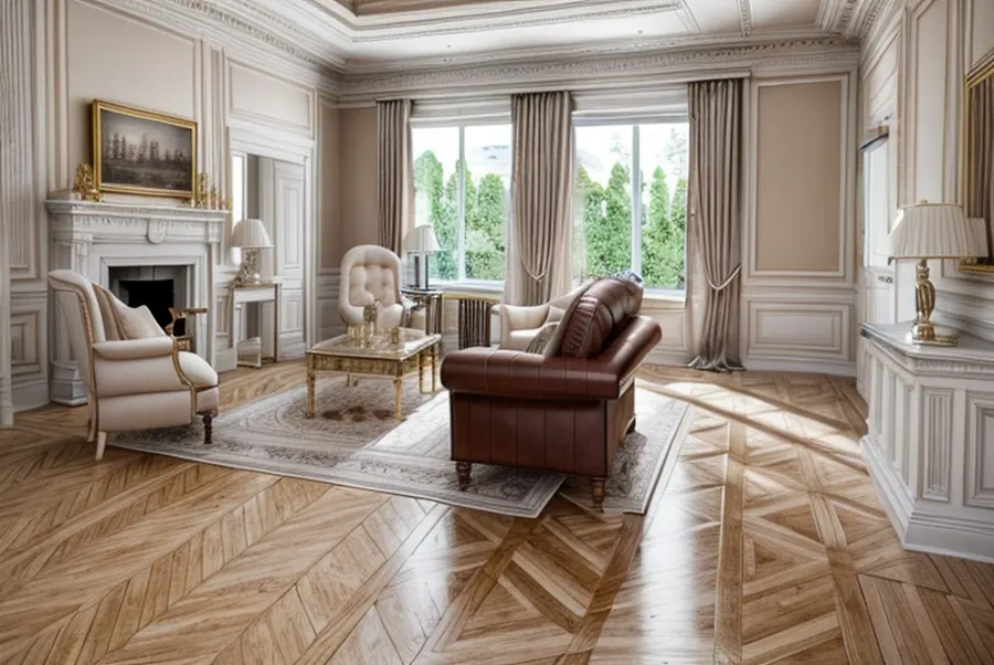 The test living room in neoclassical style: moulded wall panels, a patterned parquet floor, a gilt-framed painting and a brown leather sofa
