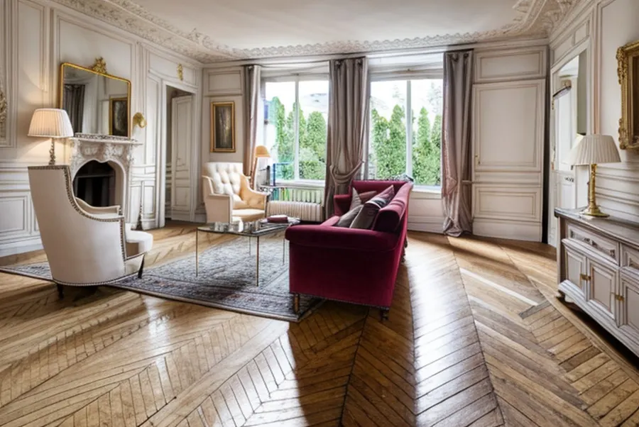 The test living room in Parisian style: white panelled walls with mouldings, an ornate ceiling, herringbone parquet, a gilded mirror and a burgundy velvet sofa