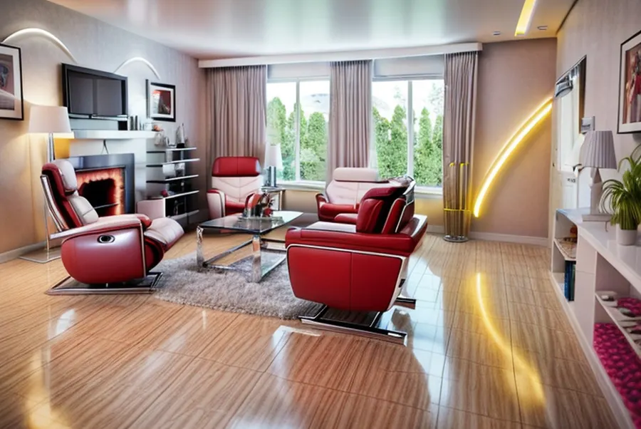 The test living room in retro-futurism style: red curved leather chairs, curved glowing light strips, a chrome and glass table and a glossy floor