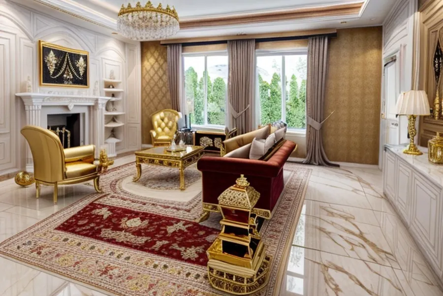 The test living room in Royal Majlis style: a marble floor, a crystal chandelier, gold armchairs, an ornate gold table and a red patterned rug