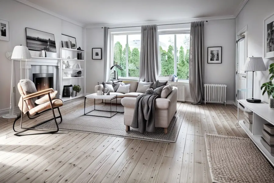 The test living room in Scandinavian style: whitewashed plank floor, white walls and shelves, a light grey sofa with a throw and a black-frame lounge chair