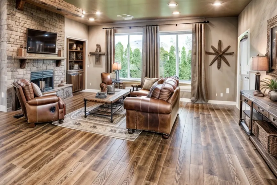 The test living room in Texan ranch style: a stone fireplace wall, brown leather sofa and armchairs and a rustic wood coffee table